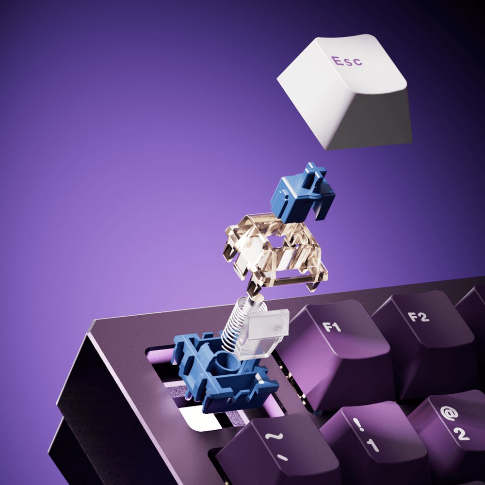 Exploded view of an Akko Astrolink magnetic switch above a MOD 007 V5 HE keyboard