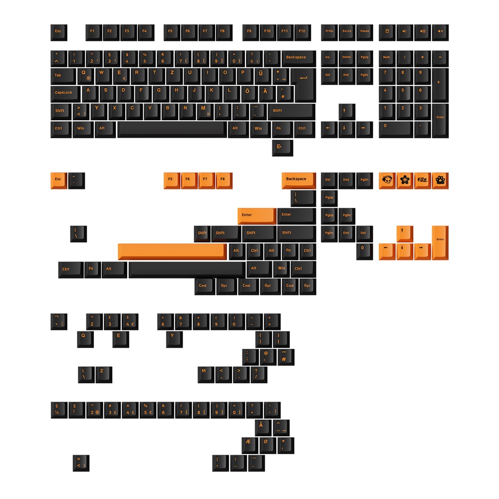 Akko Orange on Black keycap set laid out with German, UK and Nordic ISO legend keys and orange accent keys