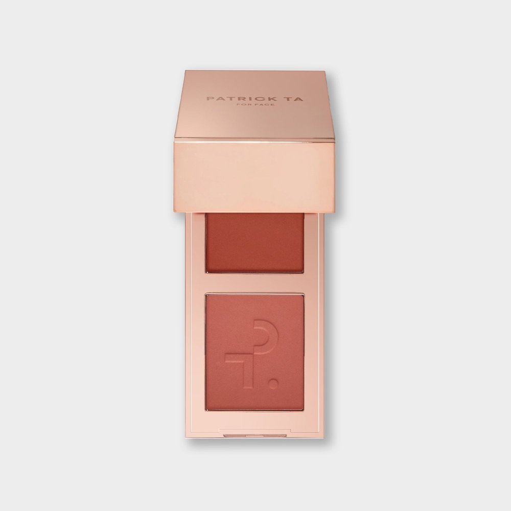 Patrick Ta mini blush duo compact, open to show the crème and powder pans
