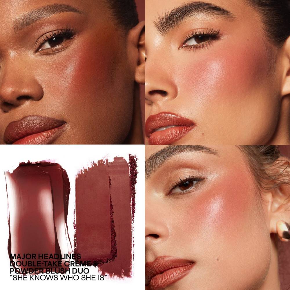 She Knows Who She Is rich mocha blush shown by Patrick Ta on three skin tones with its swatch