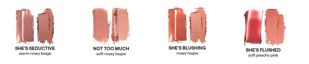 She's Seductive vs Not Too Much vs She's Blushing vs She's Flushed official swatches, crème beside powder